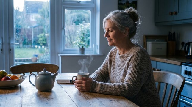 Mature woman enjoying warm tea by kitchen window on peaceful morning