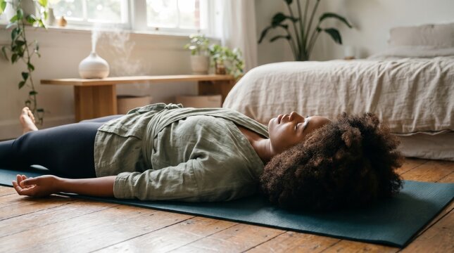 Woman resting on yoga mat in bright bedroom with plants
