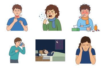 Fototapeta premium Set of vector illustrations featuring people suffering from various common illnesses and health symptoms