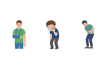 Fototapeta premium Vector illustration set of three men suffering from physical injuries and various health conditions