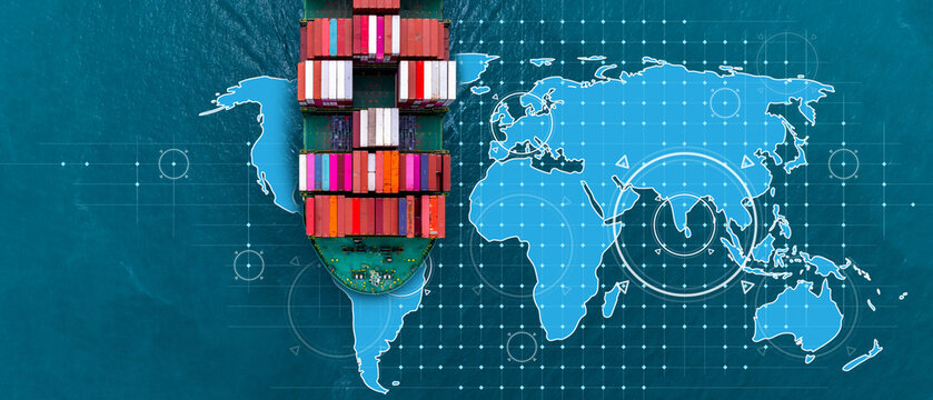 Aerial view container cargo ship international industrial, Global business import export transportation logistic by container cargo ship, Sea fright shipping industry, Container cargo freight shipping