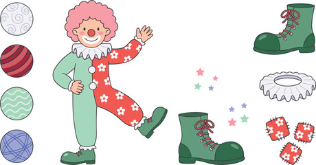 Naklejka premium Cute Cartoon Circus Clown Vector Icon Set with Juggling Balls, Oversized Green Boots, Ruffle Collar, and Red Patches for Birthday Party Decorations and Kids Entertainment Designs