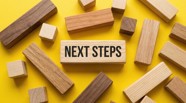 Next steps wooden block surrounded by scattered blocks on yellow