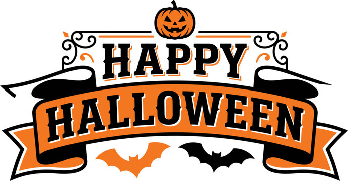 Happy halloween typography vector illustration featuring a smiling jack o lantern pumpkin and flying bats on a vintage ribbon banner
