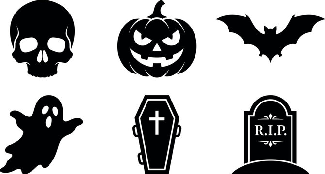 Spooky Halloween horror icon silhouette vector set featuring skull evil pumpkin jackolantern flying bat floating ghost coffin and tombstone