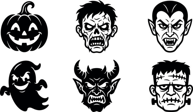 Spooky Halloween monster face vector icon set featuring pumpkin jackolantern zombie vampire smiling ghost horned devil and frankenstein avatar