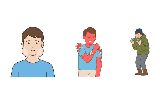 Vector illustration set showing symptoms like mumps, severe sunburn skin peeling, and shivering cold