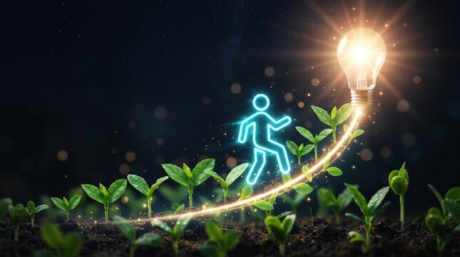 Dynamic Business Growth Illustration A Bright Idea Ignites a Path of Progress for a Running Figure Over Thriving Green Plants
