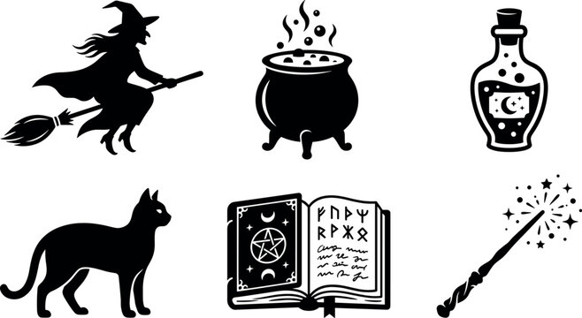 Spooky Halloween witch icon vector set featuring flying broomstick bubbling cauldron magic potion bottle black cat spellbook and magic wand.