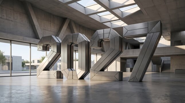 Metal 2027 numbers in a modern concrete building interior