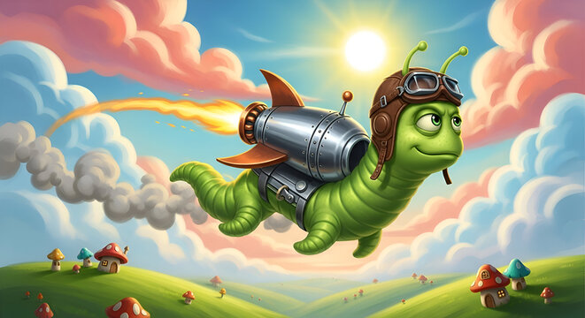 Whimsical caterpillar zooms through sky on rocket pack, soaring over a magical mushroom village under a vibrant, sunlit sky