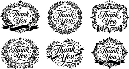Fototapeta premium Thank you elegant hand lettering badge vector collection featuring luxury vintage frames floral wreaths roses ribbons and decorative stars