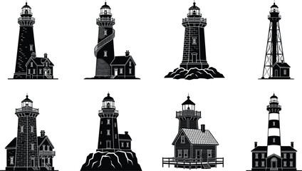 Obraz premium Black lighthouse silhouette collection featuring coastal towers beacon houses and maritime architecture