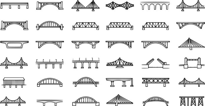 Bridge Structure Outline Icon Set. Collection of structural elements line icons, including bridge structure, structural element shapes, and more. Editable stroke.