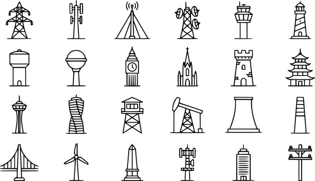 Tower Structure Outline Icon Set. Collection of structural elements line icons, including tower structure, structural element shapes, and more. Editable stroke.