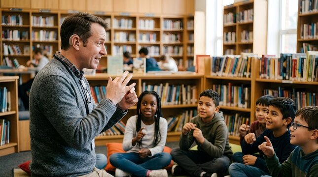 Male teacher with hearing aid teaching sign language to diverse children in library