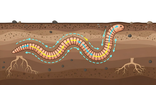 Learn how earthworms aerate soil and help plants grow in this captivating illustration perfect for educational materials and nature guides for kids and adults