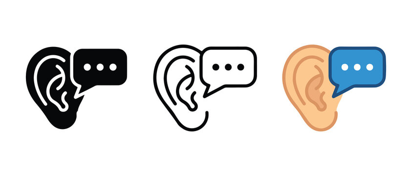 ear icons with speech bubbles representing listening and communication concepts isolated on transparent background