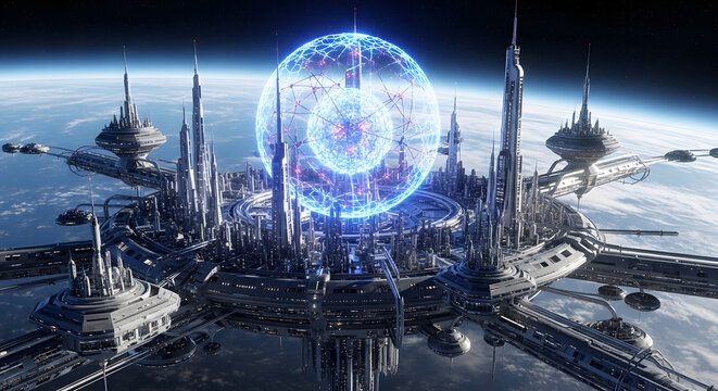 Futuristic cityscape with glowing energy sphere above skyscrapers.