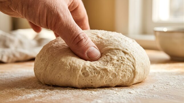 Person pressing finger into raw dough on a floured wooden kitchen table
