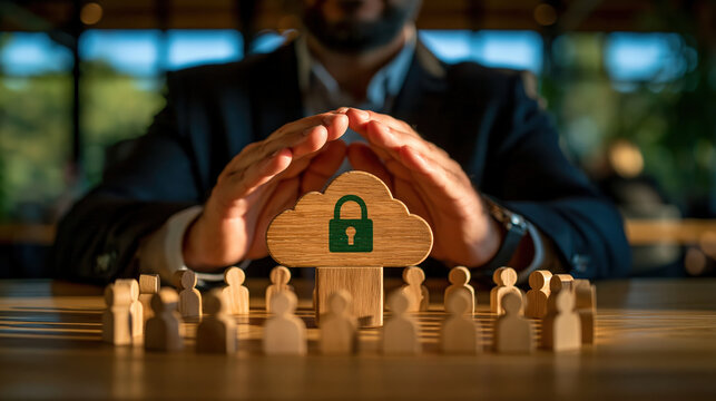 Executive protecting secure cloud icon with lock among wooden people symbolizing data privacy