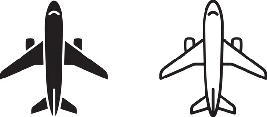 Airplane silhouette and outline on a white background representing aerial transport aeroplane aviation aircraft airliner © JOBAER GRAPHIC