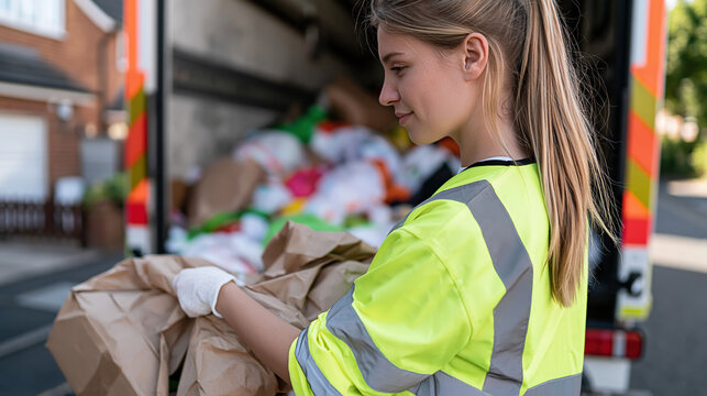 Female recycling worker sorting paper waste beside collection truck with focused expression