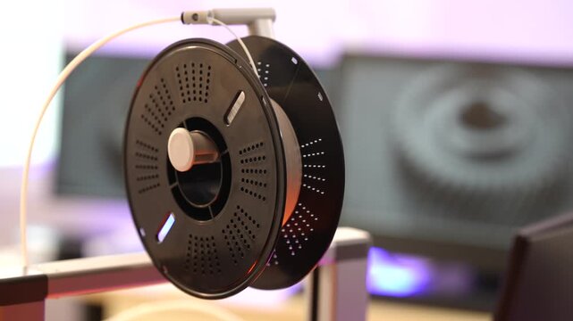 Close up of a black filament spool on a holder with blurred screens in the background, showing a 3d printing workspace