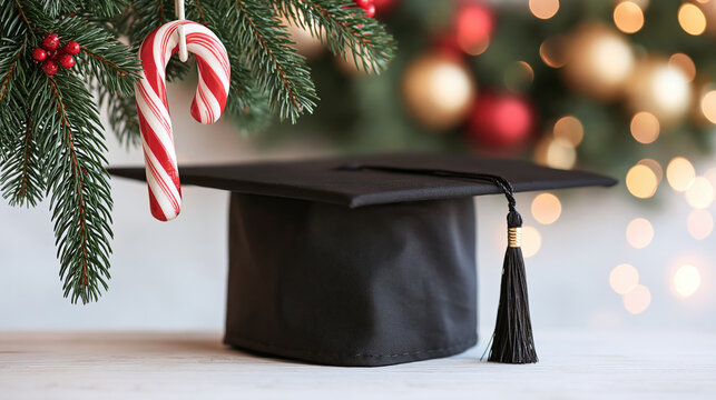 Graduation cap with candy cane beneath evergreen branch and festive holiday lights creating joyful seasonal education scene