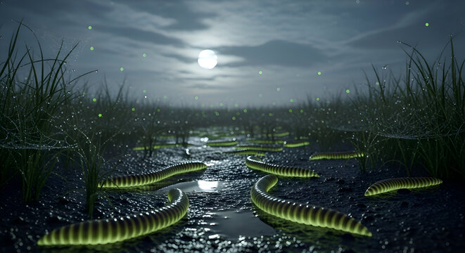 Eerie glowing worms crawl under a moonlit sky, adding a touch of surreal beauty to any project needing a unique and captivating fantasy element