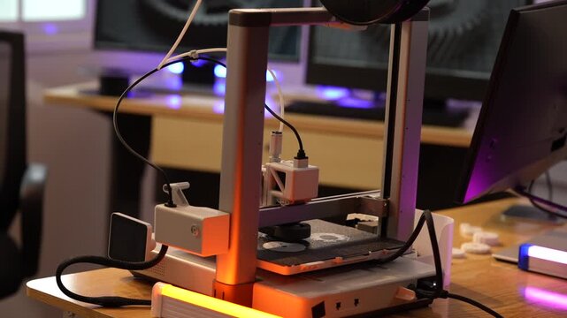 Small desktop 3d printer on a wooden desk with glowing lights in a modern workspace