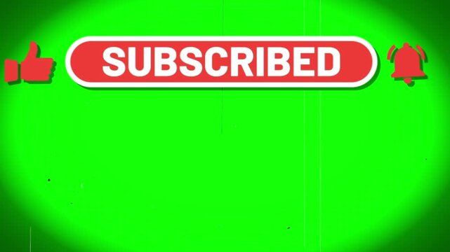 Subscribed button overlay graphic with like and notification bell icons set on a green screen.