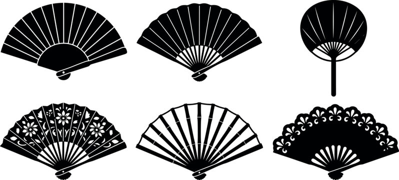 Traditional East Asian folding hand fans vector icon set featuring Japanese uchiwa Chinese folding fans with floral lace patterns silhouette