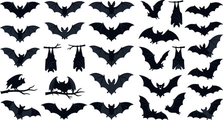 Fototapeta premium Spooky halloween flying bat silhouette vector icon set featuring dark monochrome vampire shapes hanging upside down sitting on branches and wings spread for gothic party decoration
