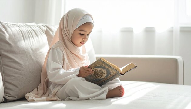 Young girl in hijab reading Quran on white sofa with natural light.