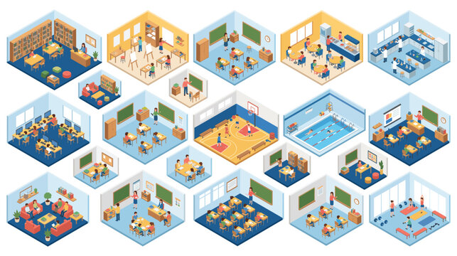 Isometric school classroom room interior education set design.