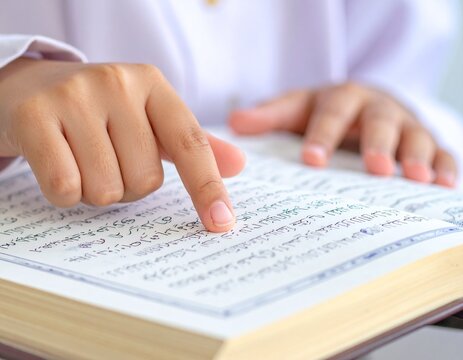 A person's hand pointing at Arabic script in a religious book, likely the Quran.