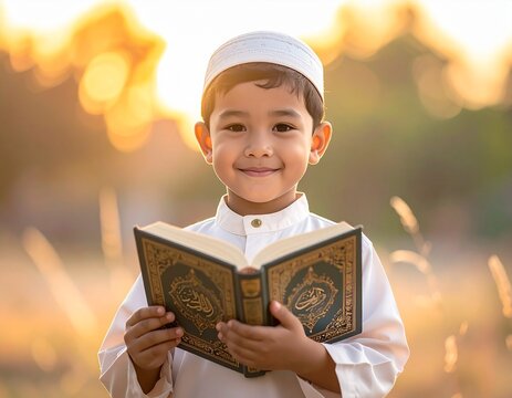 Young boy in traditional attire reading Quran outdoors at sunset.