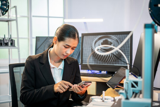 Businesswoman inspecting a smart phone while working in a modern technology office with computer screens and lab equipment
