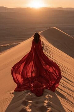 Woman in red dress standing on sand dune at sunset in desert