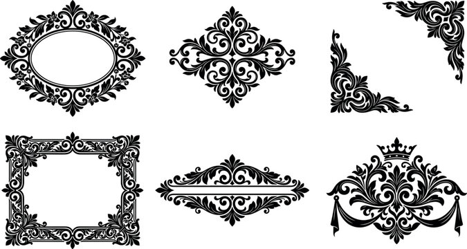 Vintage baroque frame and damask ornament vector elements set featuring classic borders ornate corners and royal crown crest flourishes.