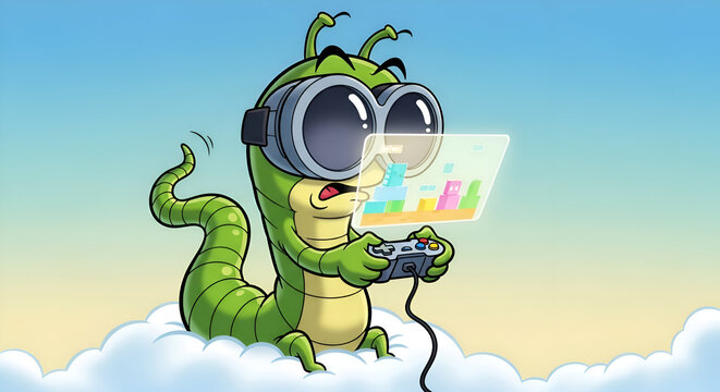 Experience thrilling cloud gaming with this adorable cartoon worm character, perfect for adding fun to your gaming content and designs, or imaginative stories!