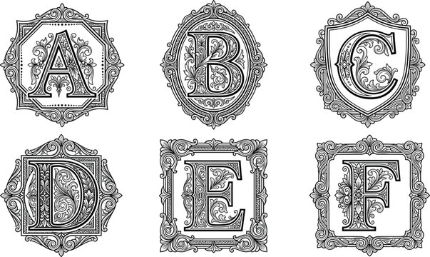 Vintage calligraphic alphabet monogram vector set featuring capital letters ABCDEF inside luxury ornate baroque filigree frames shields and borders