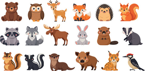 Fototapeta premium Cute Cartoon Woodland and Forest Animals Character Vector Collection Featuring Bear Owl Fox Deer Raccoon Moose Hedgehog and Squirrel Isolated on White