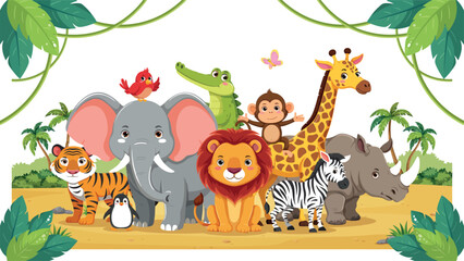 Obraz premium Cute Cartoon Wild Jungle Animals Group Vector Illustration with Elephant Lion Tiger Giraffe and Zebra for Kids Education Wallpaper and Party Banners