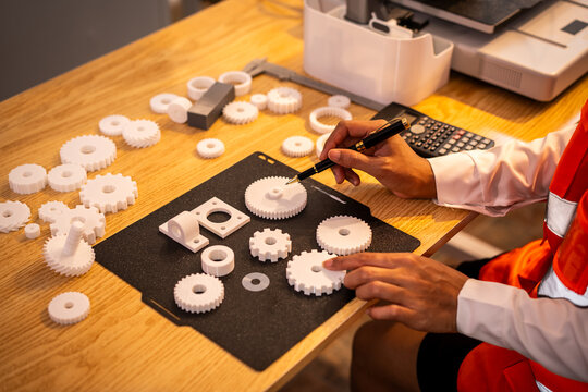 Engineer inspecting white gears and parts on a desk during product development
