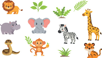 Naklejka premium Cute Jungle Animal Sticker Set with Adorable Cartoon Safari Characters and Tropical Green Leaves for Kids Illustration and Vector Graphic Designs