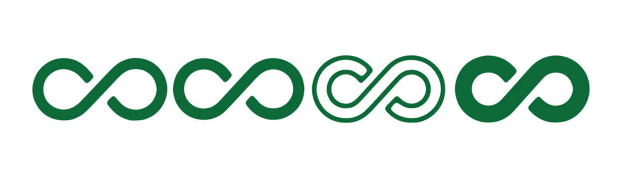 Green infinity symbols variations representing endlessness or continuity.