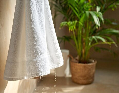 Fresh White Linen Towel Hanging on Wooden Hook in Sunlit Minimalist Bathroom Self Care and Spa Wellness Concept