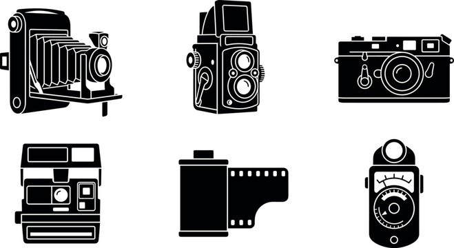Vintage photography vector icon set featuring classic retro folding bellows camera rangefinder twin lens reflex roll film canister and light meter.